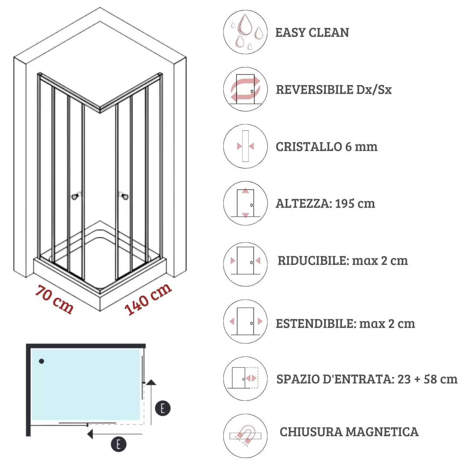 Box Doccia 70x140 Cm Nero Cristallo 6mm Orione 3 Box Doccia 70x140 Cm Nero Cristallo 6mm Orione - immagine 3