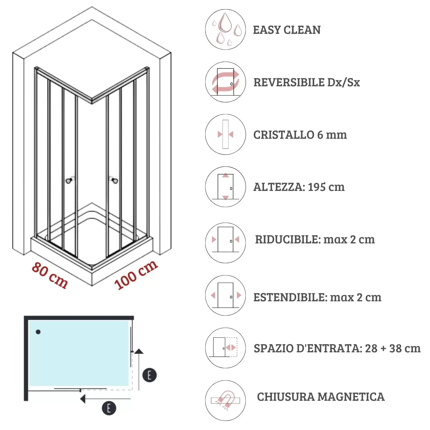 Box Doccia 80x100 Cm Nero Cristallo 6mm Orione 3 Box Doccia 80x100 Cm Nero Cristallo 6mm Orione - immagine 3