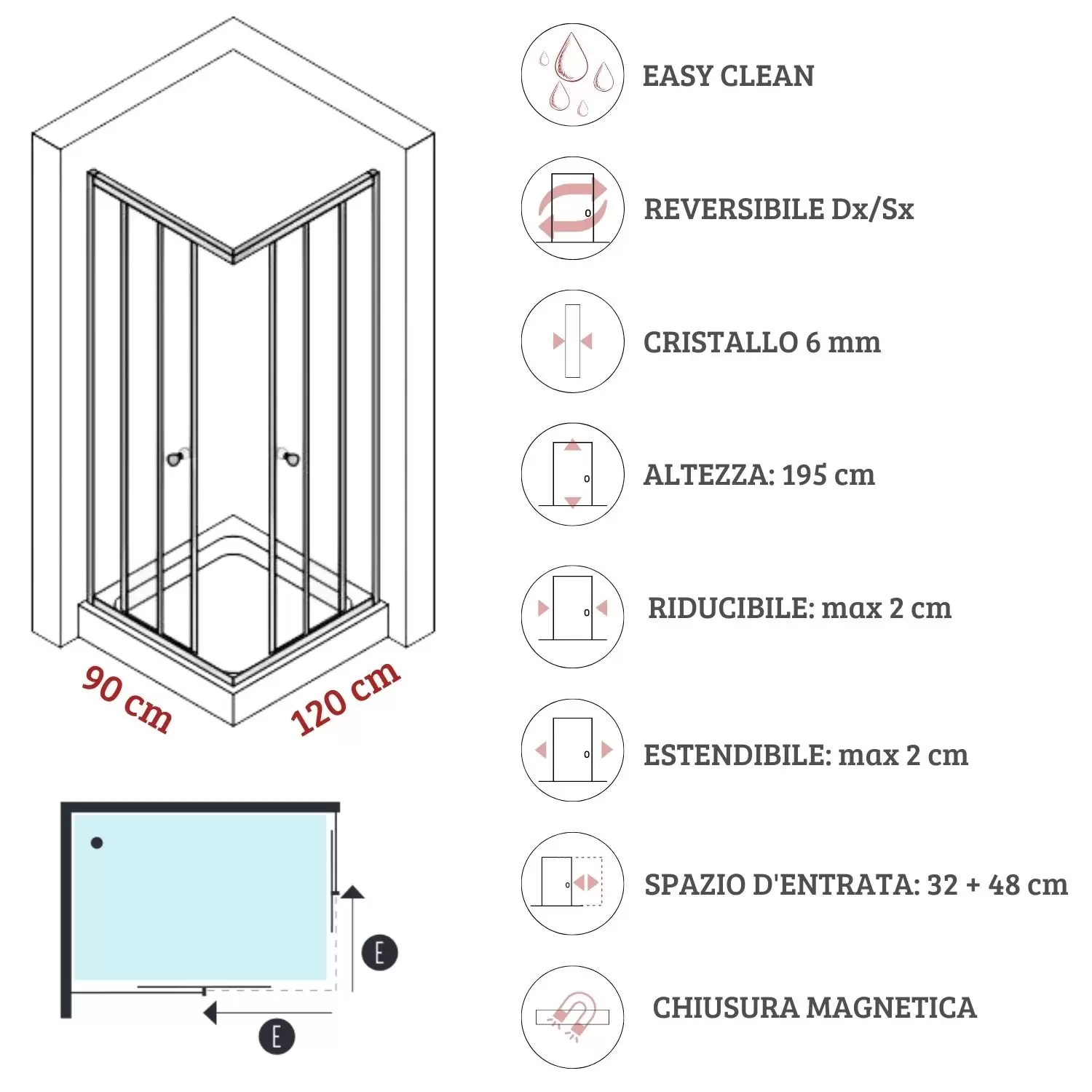 Box Doccia 90x120 Cm Nero Cristallo 6mm Orione 3 Box Doccia 90x120 Cm Nero Cristallo 6mm Orione - immagine 3