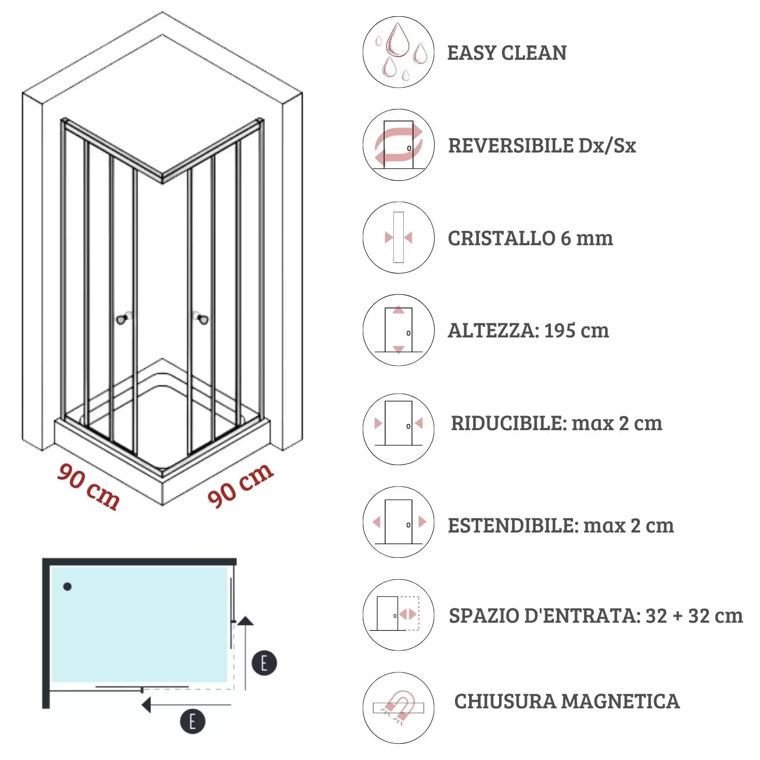 Box Doccia 90x90 Cm Nero Cristallo 6mm Orione 3 Box Doccia 90x90 Cm Nero Cristallo 6mm Orione - immagine 3