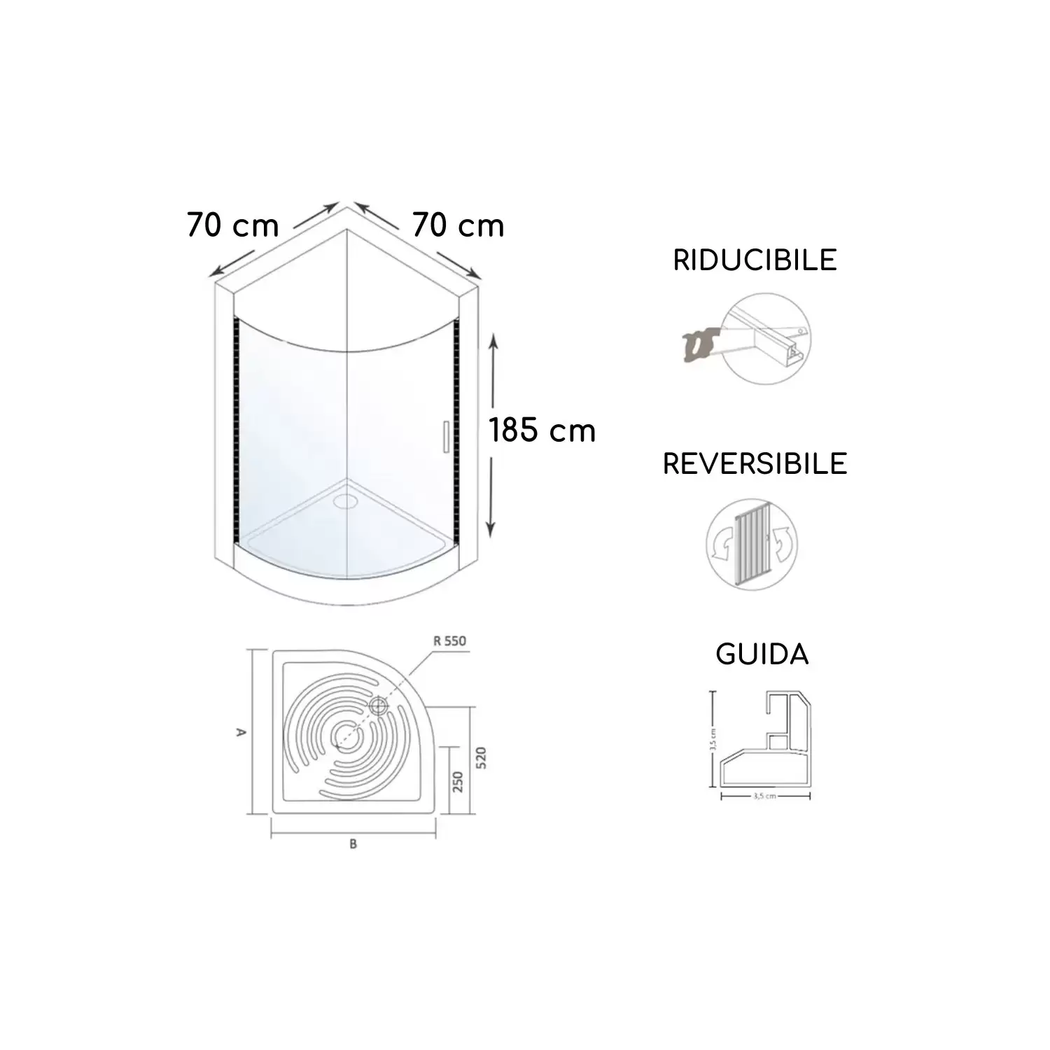 Box Doccia Semicircolare 70x70 Cm A Due Lati Roma PVC 4 Box Doccia Semicircolare 70x70 Cm A Due Lati Roma PVC - immagine 4
