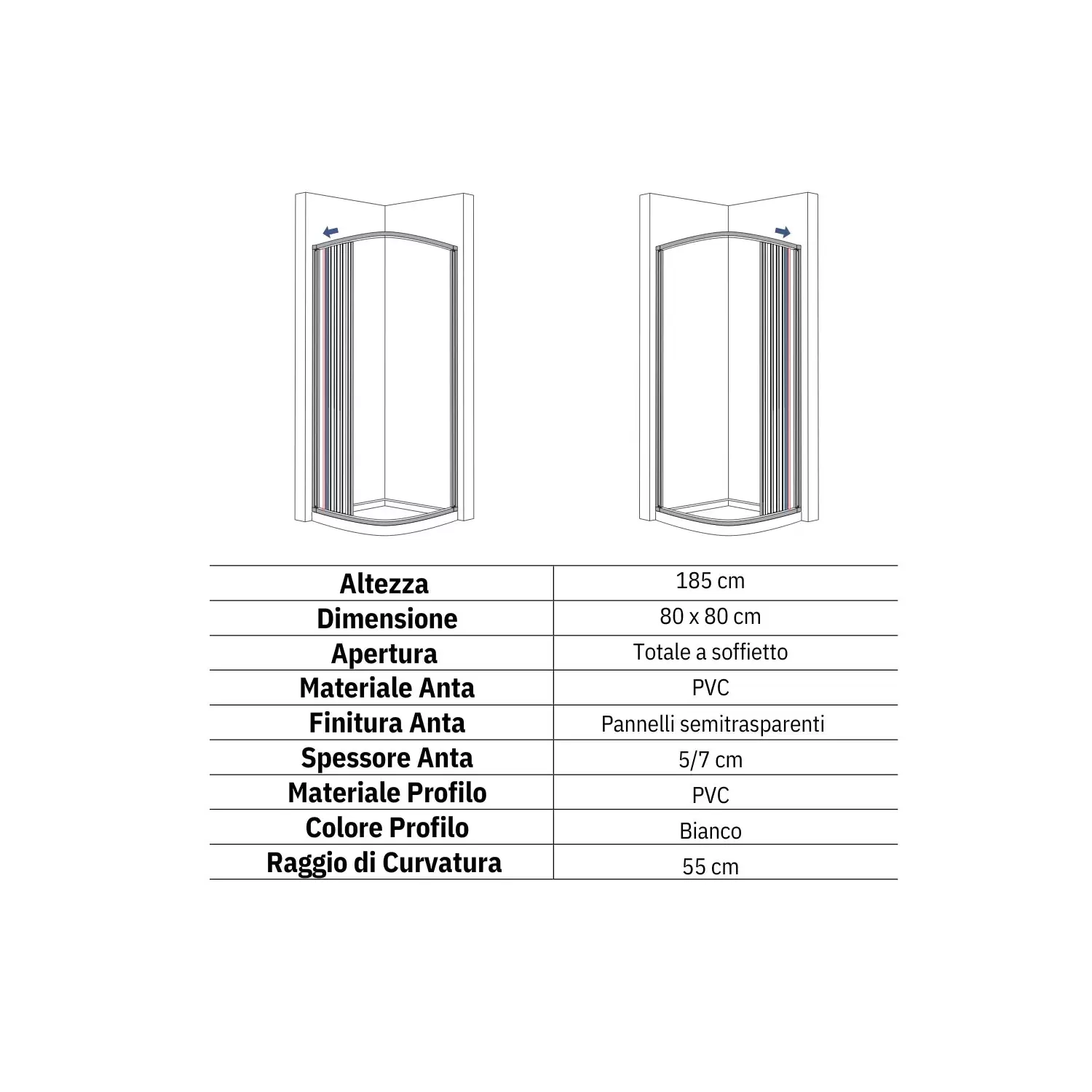 Box Doccia Semicircolare 80x80 Cm A Due Lati Roma PVC 2 Box Doccia Semicircolare 80x80 Cm A Due Lati Roma PVC - immagine 2