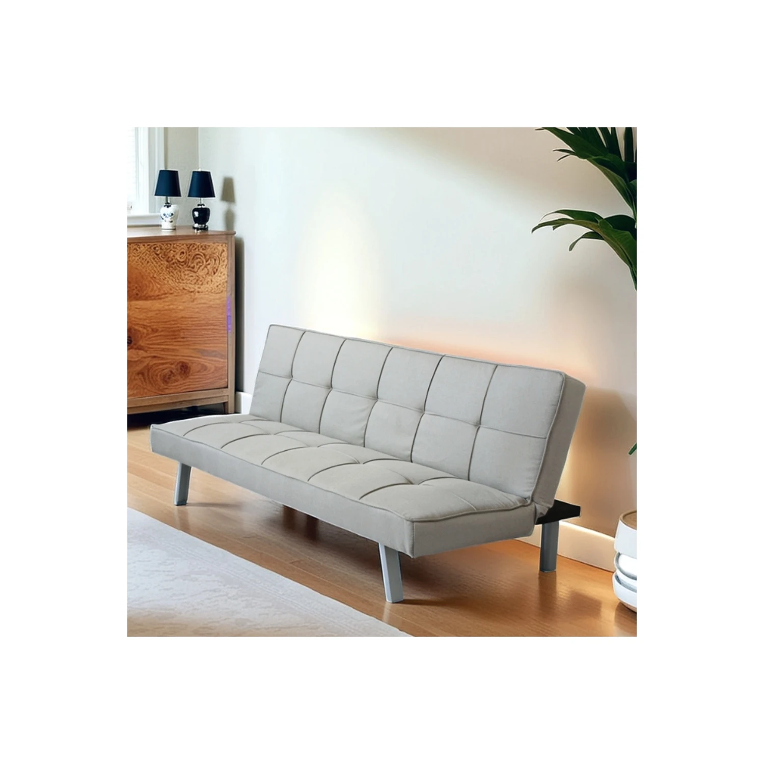 Divano Letto 3 Posti Con Schienale Reclinabile In Tessuto Grigio - AARON 1 Divano Letto 3 Posti Con Schienale Reclinabile In Tessuto Grigio - AARON