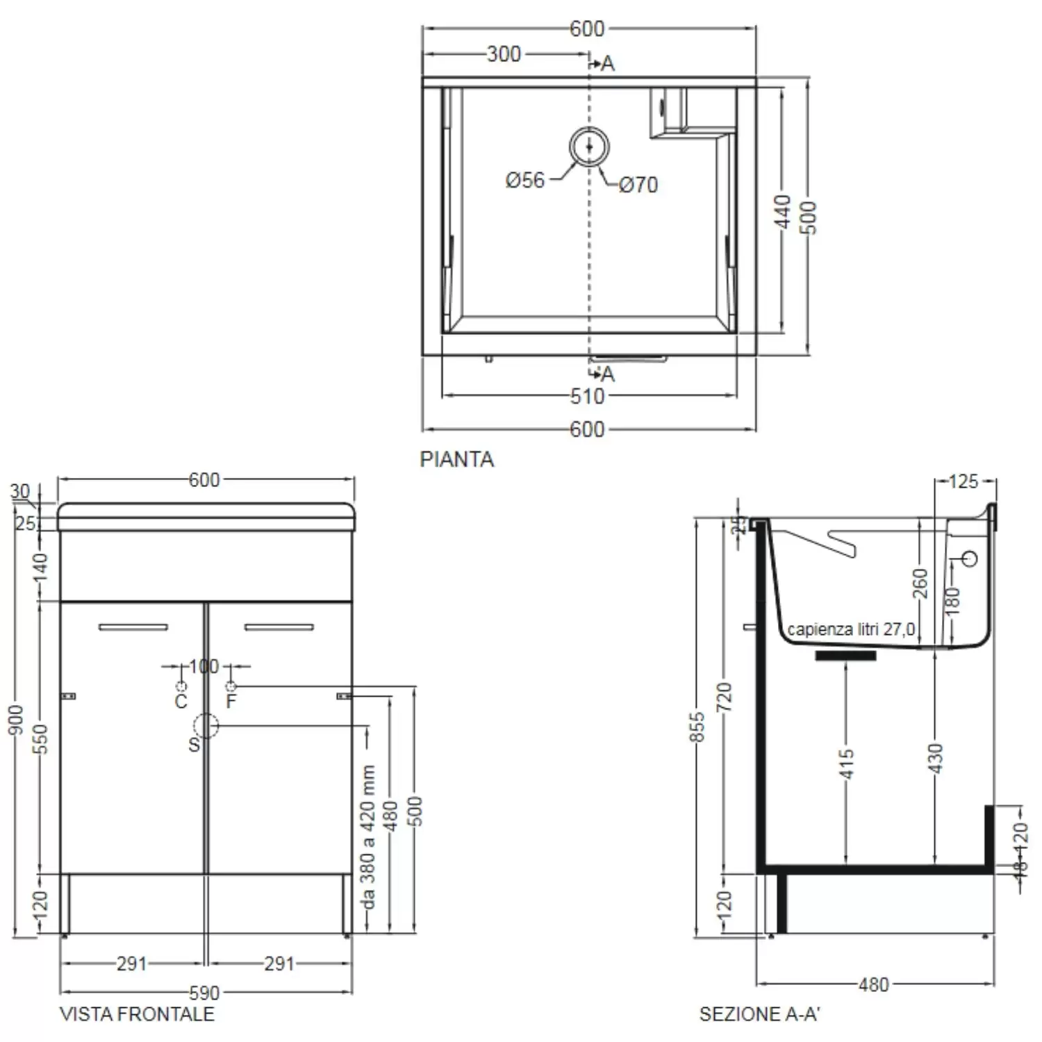 Mobile Con Lavatoio 60x50x86h Cm Doppia Anta Antracite Swash Colavene 3 Mobile Con Lavatoio 60x50x86h Cm Doppia Anta Antracite Swash Colavene - immagine 3