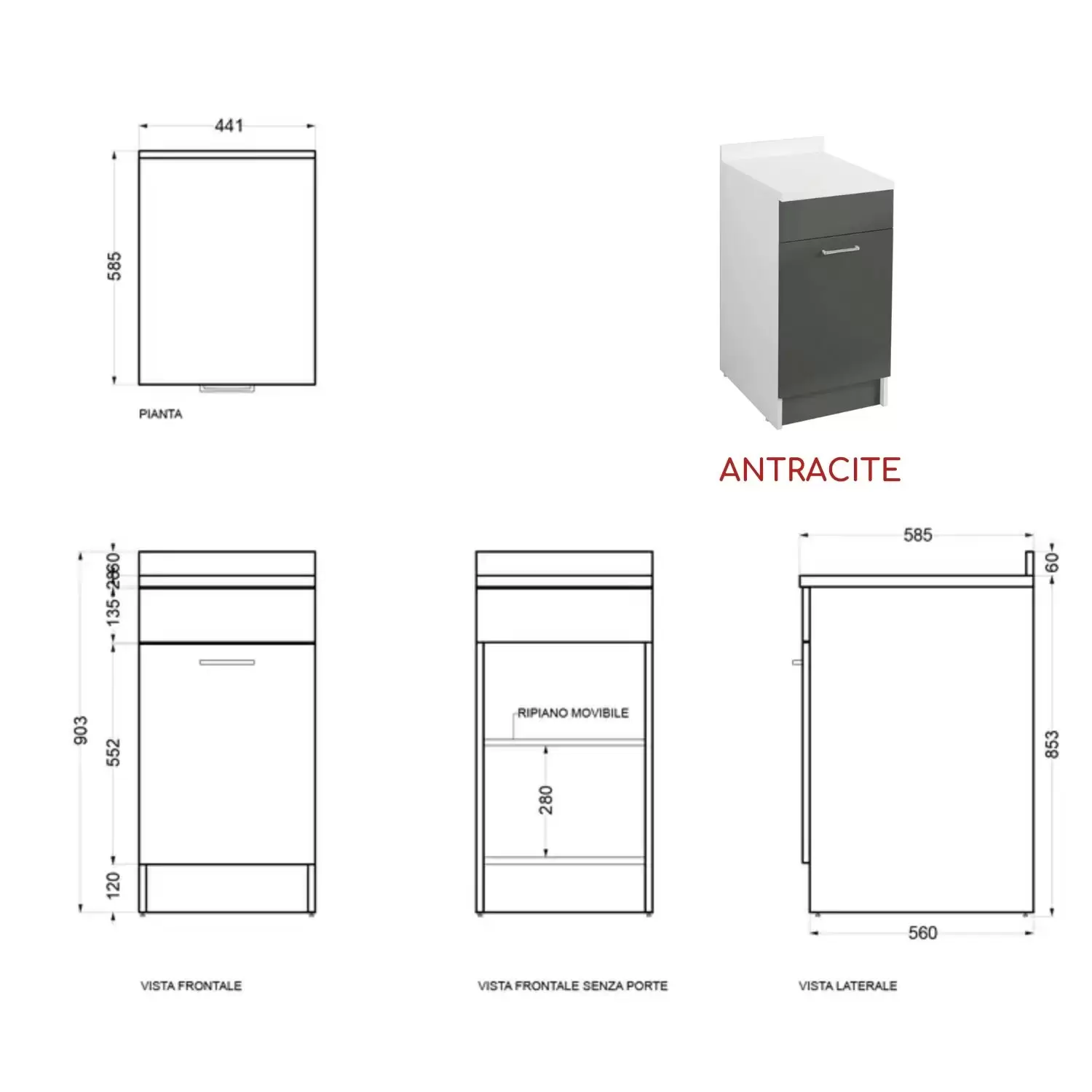 Mobile Lavanderia 45x60X86h Lucido Antracite Apertura SX E Ripiano Interno Colavene 2 Mobile Lavanderia 45x60X86h Lucido Antracite Apertura SX E Ripiano Interno Colavene - immagine 2