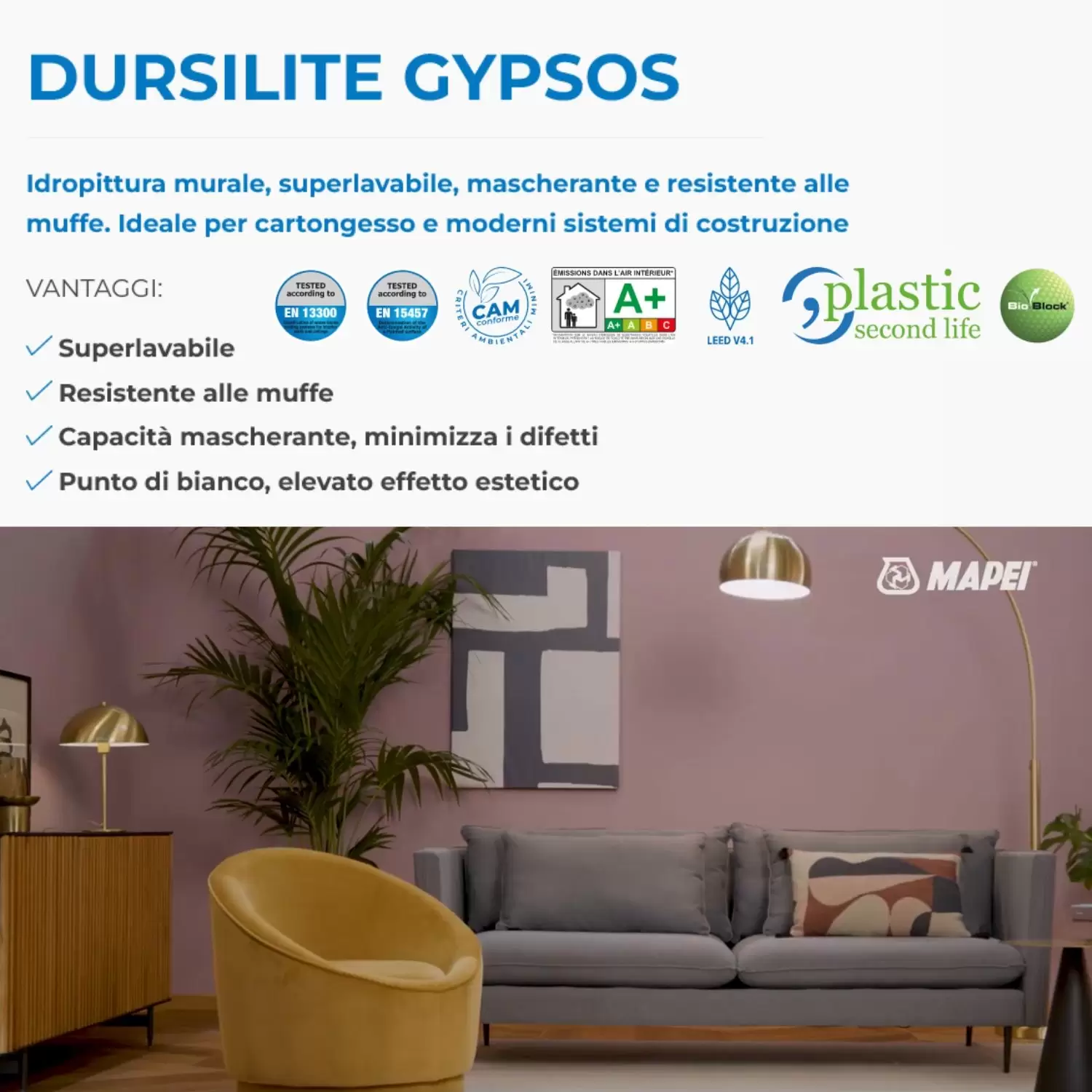 Pittura Lavabile Resistente Alle Muffe Colorata Dursilite Gypsos Mapei 2 Pittura Lavabile Resistente Alle Muffe Colorata Dursilite Gypsos Mapei - immagine 2