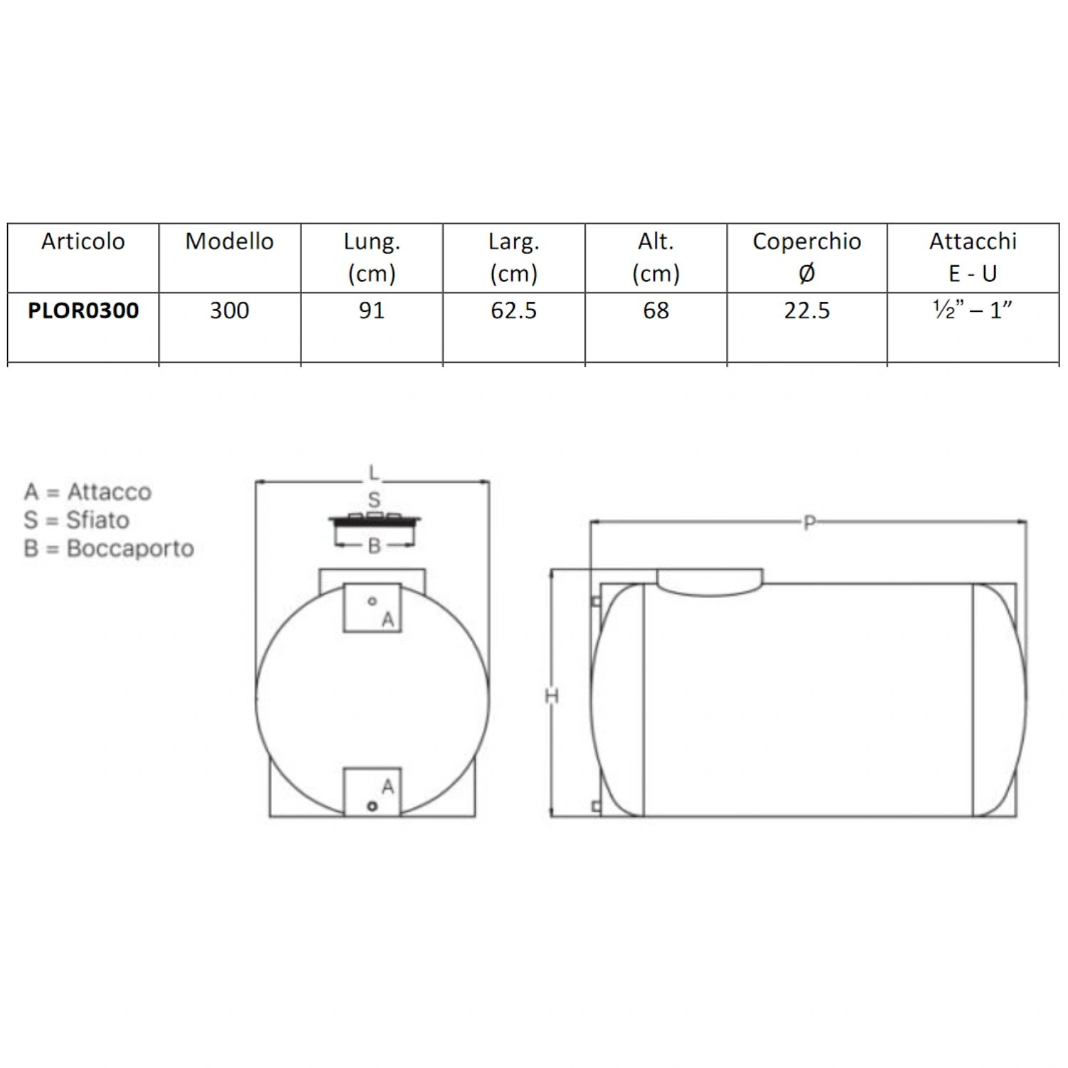 Serbatoio Acqua Orizzontale 300 Litri PE Atossico Da Esterno 3 Serbatoio Acqua Orizzontale 300 Litri PE Atossico Da Esterno - immagine 3